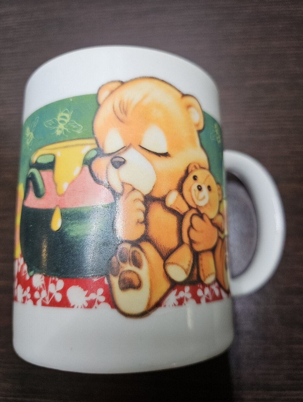 VTG 11oz Sleepy Teddy Bear Honeycomb Bees Honey Pot Coffee Mug Tea Cup Cottage